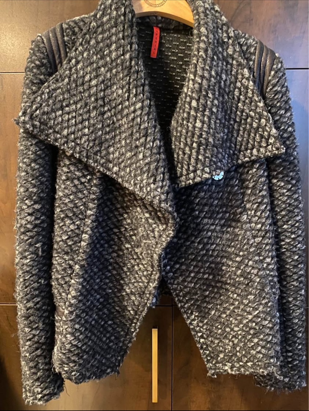 Women's Charcoal Gray Textured Teddy Jacket with Leather-Trim Shoulders